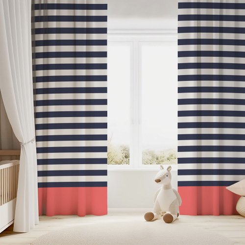 Navy Blue and Coral Chic Stripes Blackout Curtains