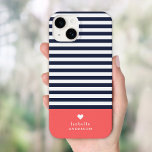 Navy Blue and Coral Chic Stripes Heart Monogram Case-Mate iPhone 14 Case<br><div class="desc">Stylish custom phone case in coral, navy blue and white colors. This design features a preppy classic navy and white striped pattern. Personalize it with your name monogram or other custom text with a cute heart symbol. Use the design tools to choose any background colors, edit the text fonts and...</div>