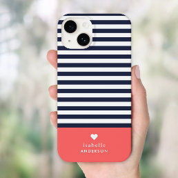 Navy Blue and Coral Chic Stripes Heart Monogram Case-Mate iPhone 14 Case