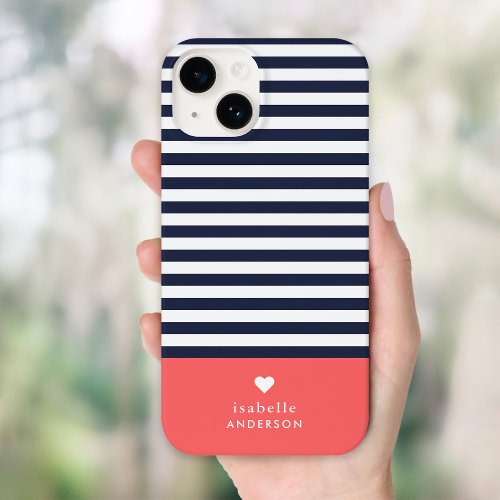 Navy Blue and Coral Chic Stripes Heart Monogram Case_Mate iPhone 14 Case
