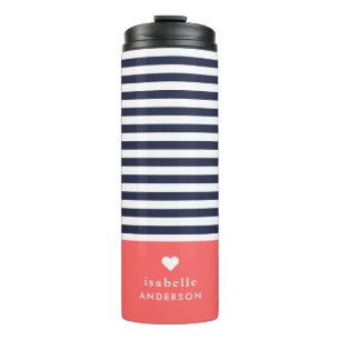 Navy Blue and Coral Chic Stripes Heart Monogram Thermal Tumbler