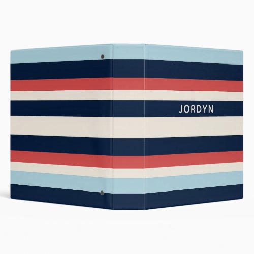 Navy Blue and Coral Classic Stripes Custom Name 3 Ring Binder