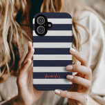 Navy Blue and Coral Classic Stripes Monogram iPhone 16 Case<br><div class="desc">Protect your phone in style with this classic preppy striped iPhone case, featuring a timeless stripe pattern and a personalized name or monogram for a sophisticated touch. Choose from a variety of colors and fonts to match your aesthetic, whether you prefer bold, pastel, or neutral tones. Designed for durability and...</div>