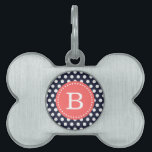 Navy Blue and Coral Dots Custom Monogram Pet Tag<br><div class="desc">Cute girly preppy chic polka dot pattern with custom monogram initial in a circle frame. Click Customize It to change monogram font and colors to create your own one of a kind design. Adorable and unique gifts!</div>