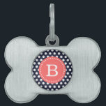 Navy Blue and Coral Dots Custom Monogram Pet Tag<br><div class="desc">Cute girly preppy chic polka dot pattern with custom monogram initial in a circle frame. Click Customize It to change monogram font and colors to create your own one of a kind design. Adorable and unique gifts!</div>