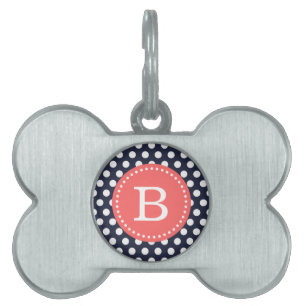 Navy Blue and Coral Dots Custom Monogram Pet Tag