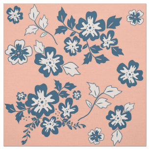 Navy Blue and Coral Floral Pattern Fabric