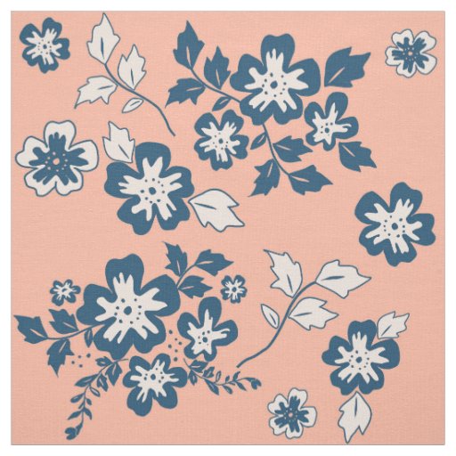 Navy Blue and Coral Floral Pattern Fabric