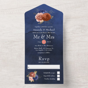 Navy Blue and Coral Floral Wedding All In One Invi All In One Invitation