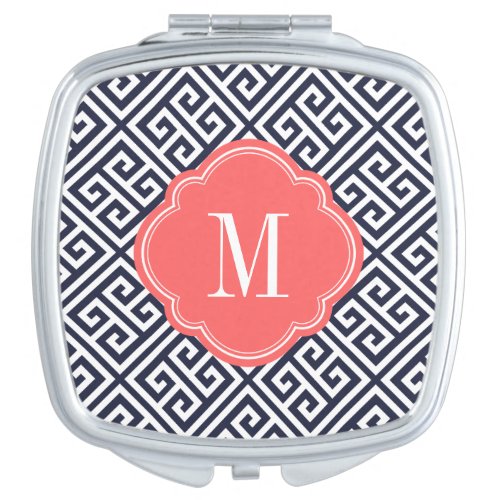 Navy Blue and Coral Greek Key Monogram Compact Mirror
