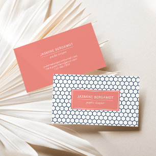 Navy Blue and Coral Honeycomb Geometric Pattern Business Card