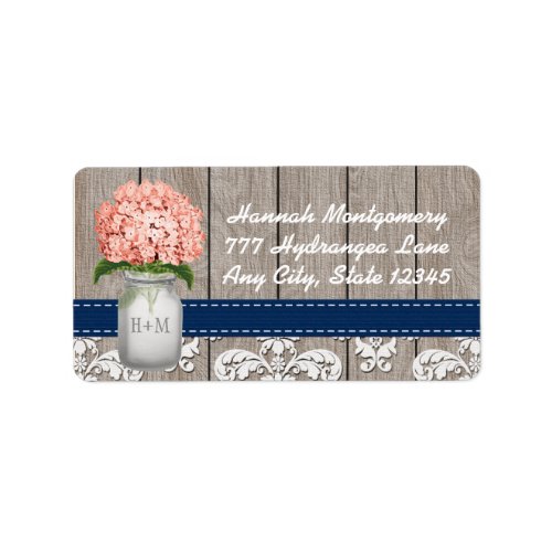 Navy Blue and Coral Hydrangea Monogram Mason Jar Label