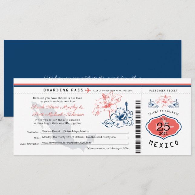 Navy Blue and Coral Mexico Boarding Pass Wedding Invitation (Front/Back)
