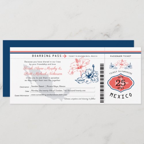 Navy Blue and Coral Mexico Boarding Pass Wedding Invitation