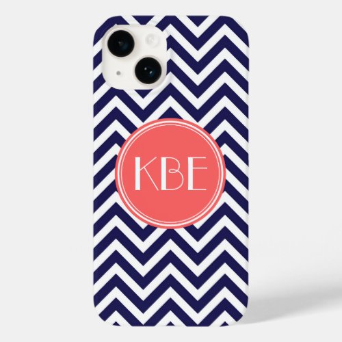 Navy Blue and Coral Modern Chevron Custom Monogram Case_Mate iPhone 14 Case