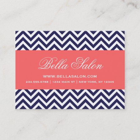 Navy Blue And Coral Modern Chevron Stripes Business Card