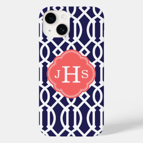 Navy Blue and Coral Modern Trellis Monogram Case_Mate iPhone 14 Case
