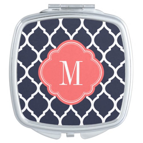 Navy Blue and Coral Moroccan Quatrefoil Monogram Makeup Mirror