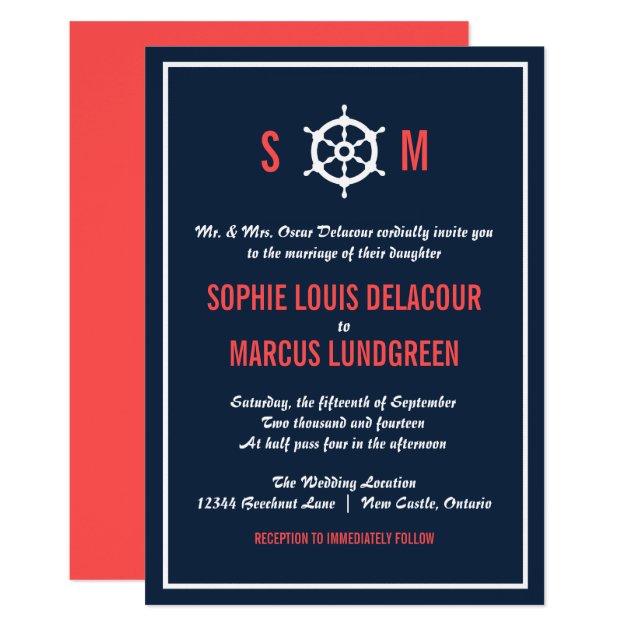 Navy Blue And Coral Nautical Wedding Invitation