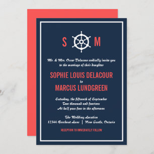 Navy Blue and Coral Nautical Wedding Invitation