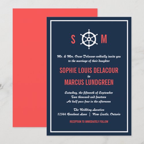 Navy Blue and Coral Nautical Wedding Invitation
