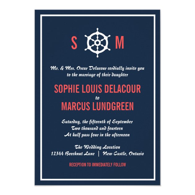 Navy Blue And Coral Nautical Wedding Invitation