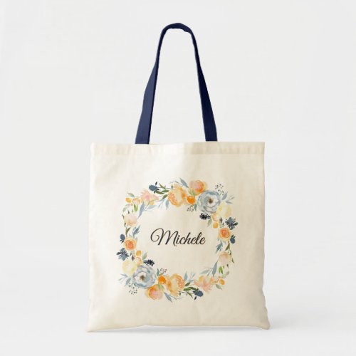 Navy Blue and Coral Peach Watercolor Floral Wreath Tote Bag