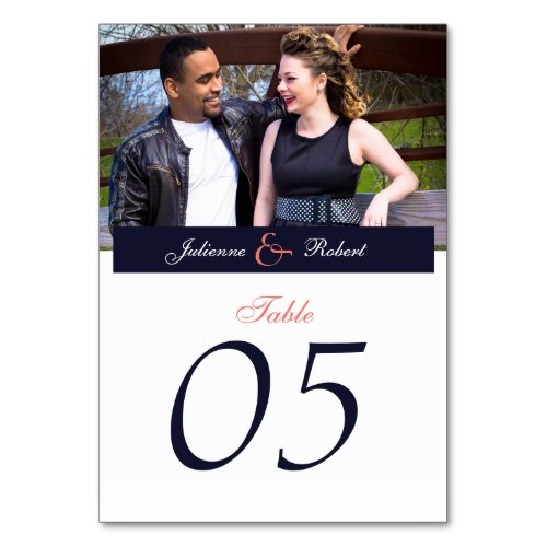 Navy Blue and Coral Photo Wedding Table Cards