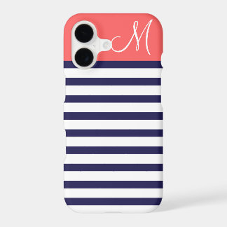 Navy Blue and Coral Preppy Stripes Monogram iPhone 17 Case