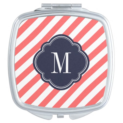Navy Blue and Coral Preppy Stripes Monogram Vanity Mirror