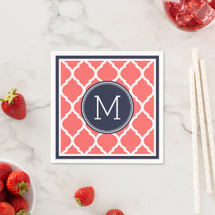 Navy Blue and Coral Quatrefoil Wedding Monogram Paper Napkins