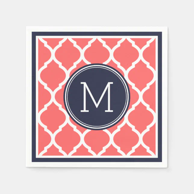 Navy Blue and Coral Quatrefoil Wedding Monogram Paper Napkins Zazzle