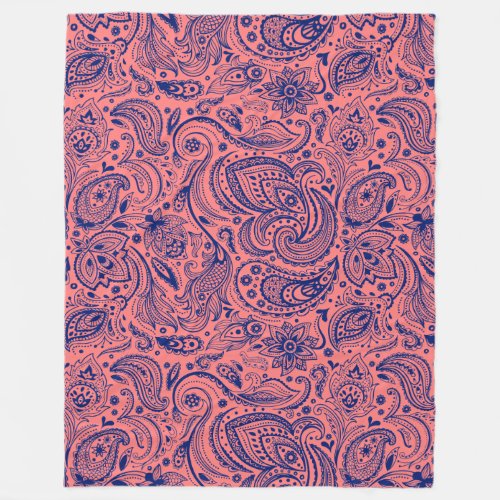 Navy Blue And Coral_Red Floral Paisley Fleece Blanket