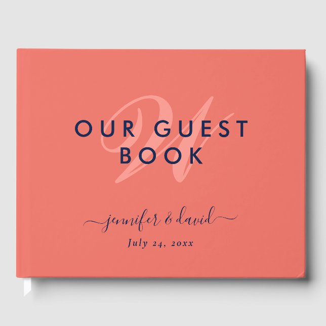 Navy Blue and Coral Script Monogram Wedding Guest  Book (Front)