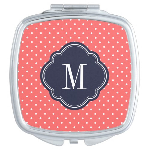 Navy Blue and Coral Tiny Dots Monogram Compact Mirror