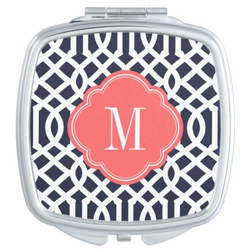 Navy Blue and Coral Trellis Monogram Makeup Mirror