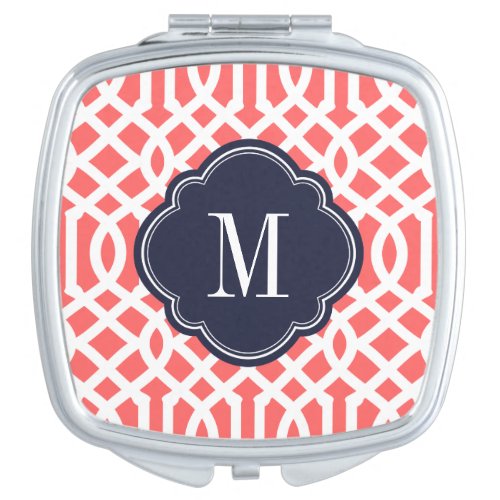 Navy Blue and Coral Trellis Monogram Mirror For Makeup