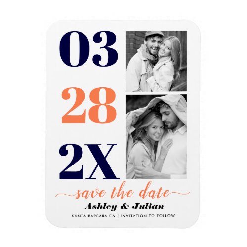 Navy blue and coral two photo Save the Date Magnet