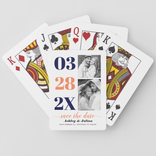 Navy blue and coral two photo Save the Date Poker Cards