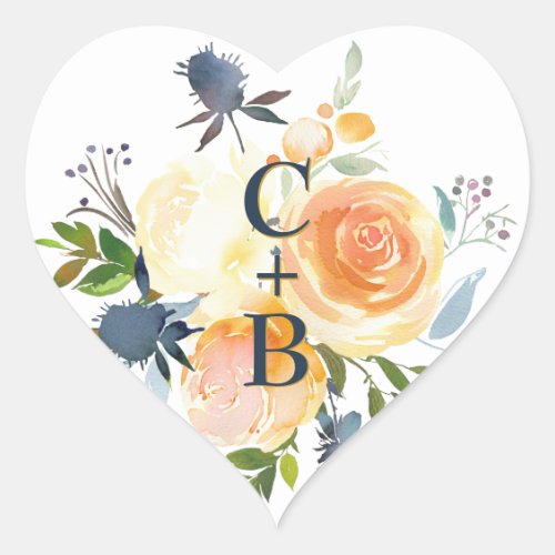 Navy Blue and Coral  Watercolor Floral Wedding Heart Sticker