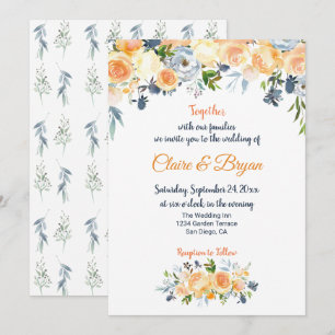 Navy Blue and Coral Watercolor Floral Wedding Invitation