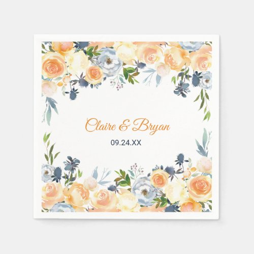 Navy Blue and Coral Watercolor Floral Wedding Napkins