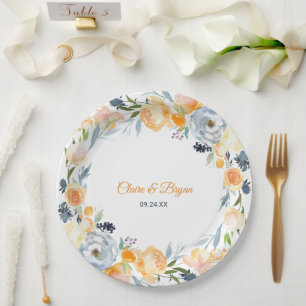 Navy Blue and Coral Watercolor Floral Wedding Paper Plates