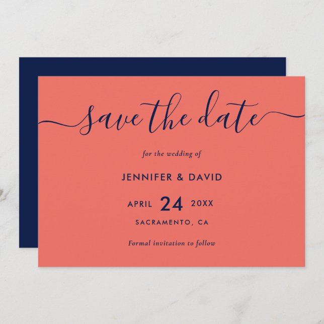 Navy Blue and Coral Wedding Save The Date (Front/Back)