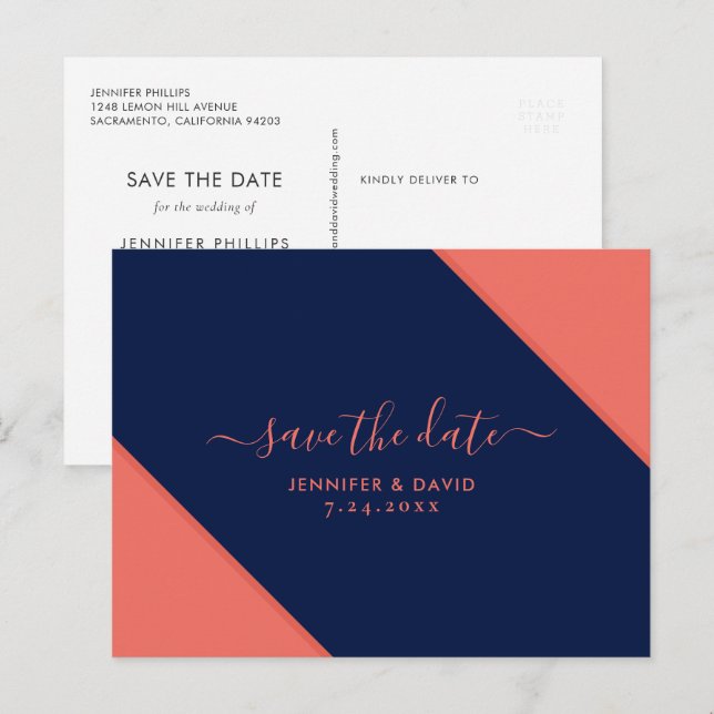 Navy Blue and Coral Wedding Save The Date Announcement Postcard (Front/Back)
