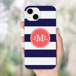 Navy Blue and Coral Wide Stripe Monogram Case-Mate iPhone 14 Case