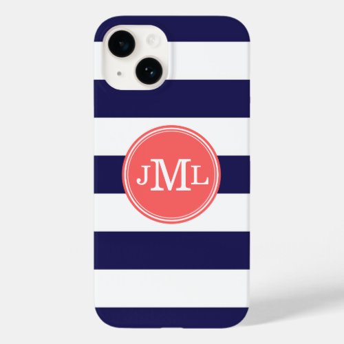 Navy Blue and Coral Wide Stripe Monogram Case_Mate iPhone 14 Case