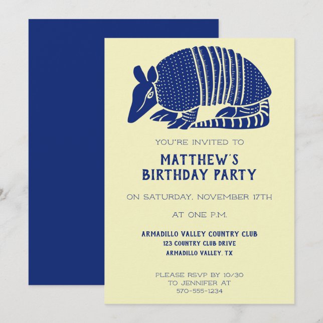 Navy Blue and Cream Armadillo Personalized Party Invitation (Front/Back)