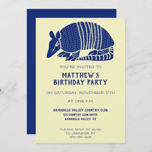 Navy Blue and Cream Armadillo Personalized Party Invitation