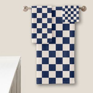 Navy Blue and Cream Checkered Pattern Bath Towel Set